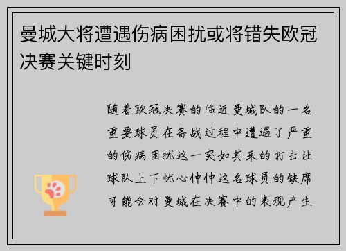 曼城大将遭遇伤病困扰或将错失欧冠决赛关键时刻