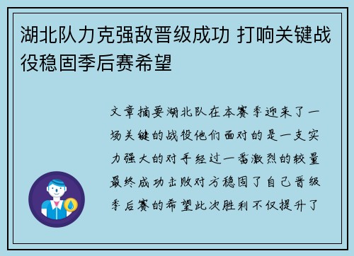 湖北队力克强敌晋级成功 打响关键战役稳固季后赛希望