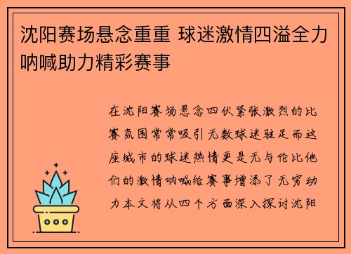 沈阳赛场悬念重重 球迷激情四溢全力呐喊助力精彩赛事